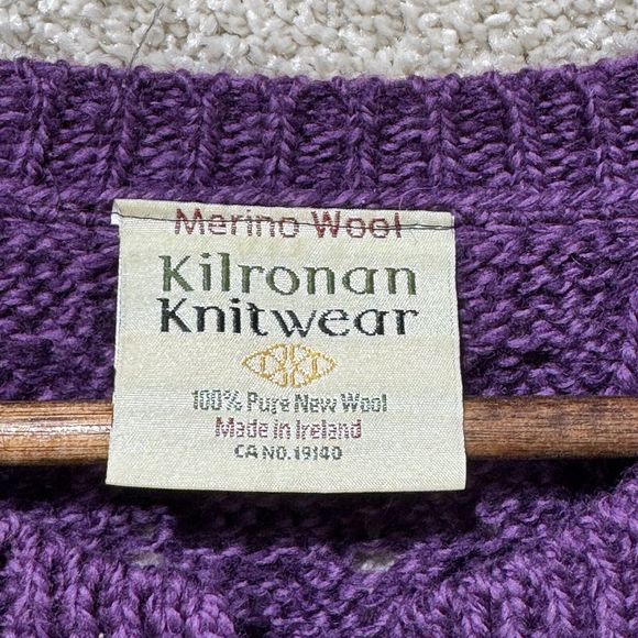 Kilronan Knitwear 100% Pure New Wool Cardigan Large Purple Chunky Knit Sweater - Picture 7 of 10